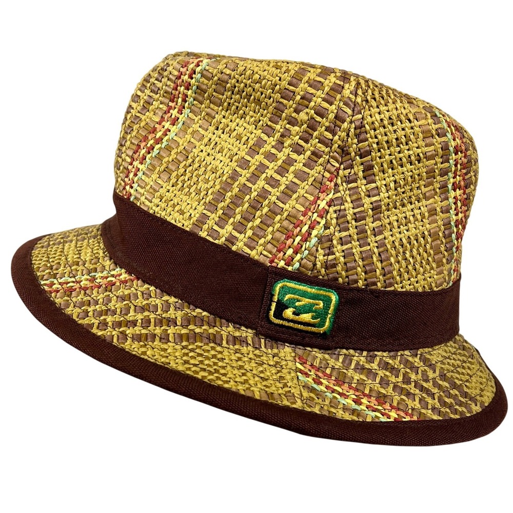 Y2K Billabong Paper Straw Fedora Hat Unisex O/S Brown Striped Woven Surf Beach